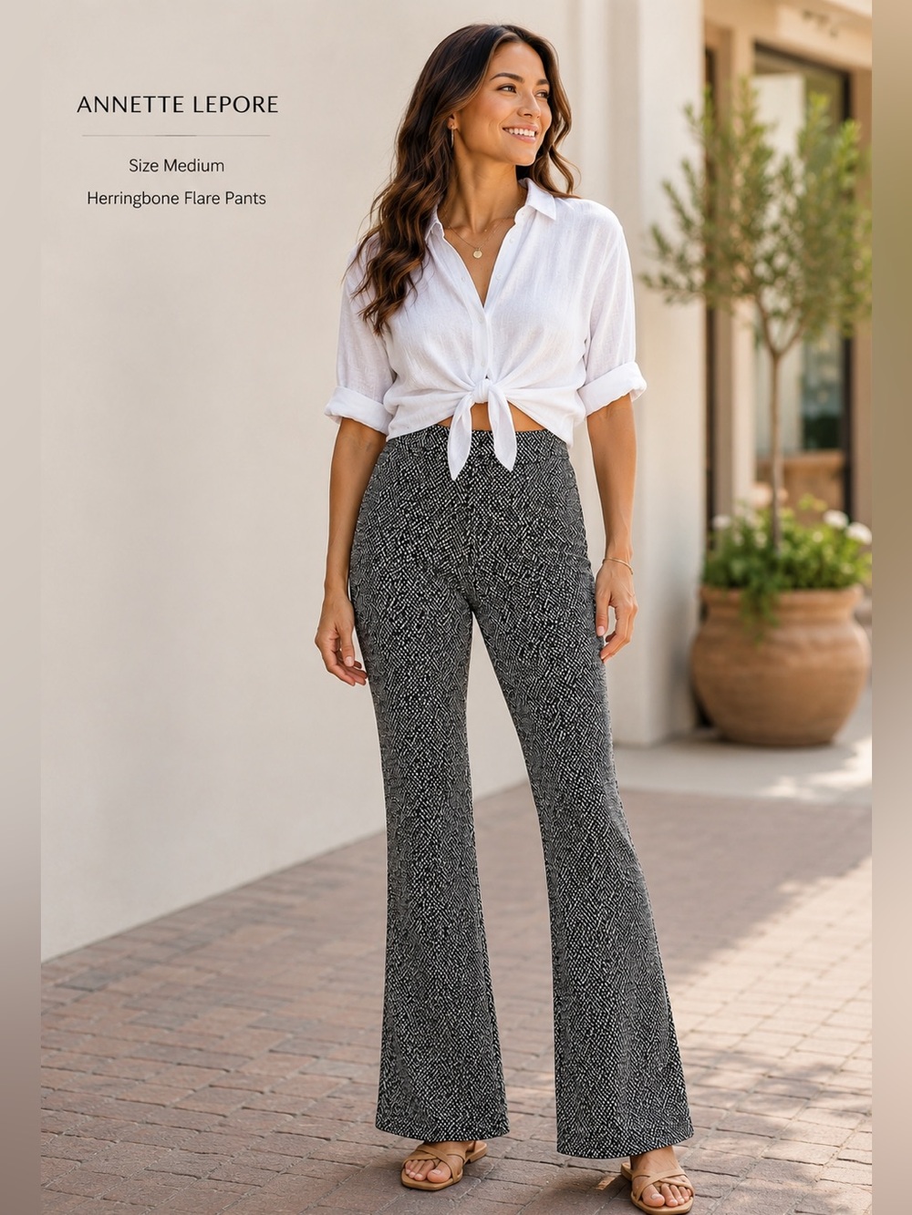 Annette Lepore Herringbone Bootcut Pull-On Pants Black White Medium
